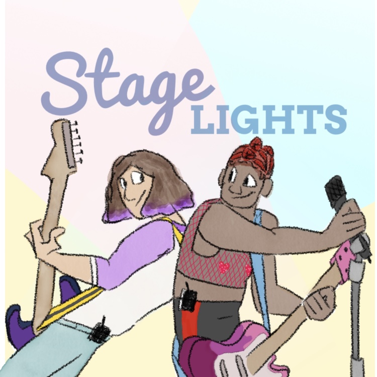 drawing of two people facing back to back playing electric guitars and grinning at each other